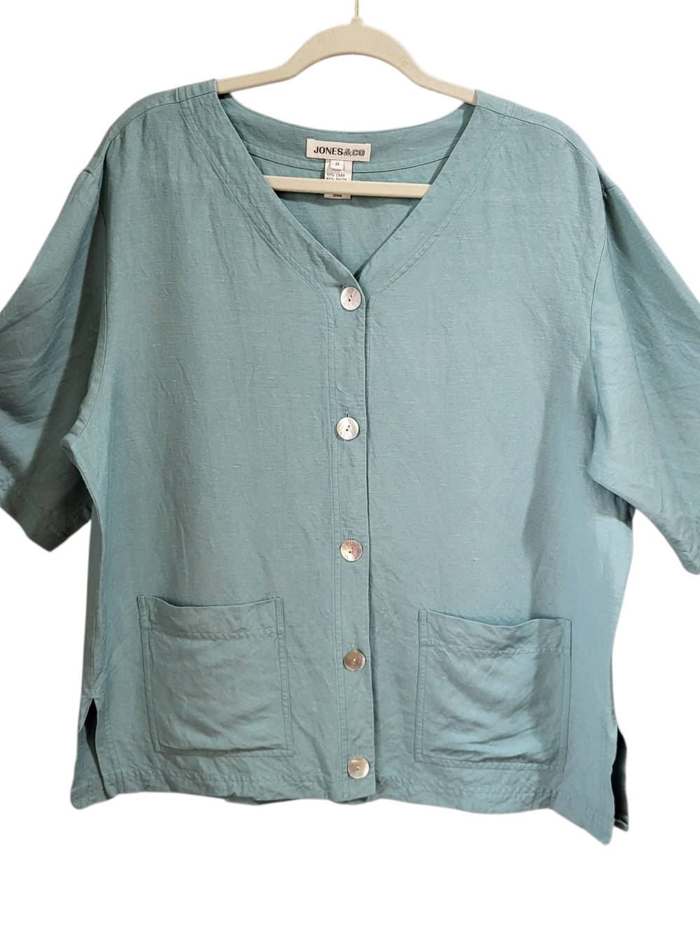 Vtg Jones & Co Blouse Size M Green Linen Blend Button Front Relaxed Boxy Coastal